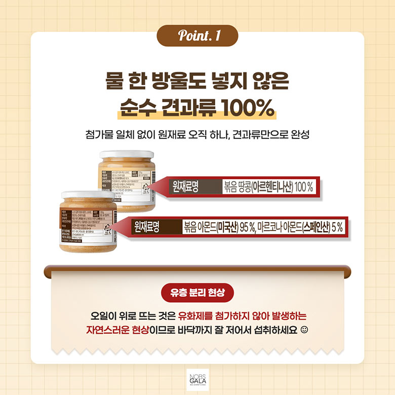 물 한방울도 넣지 않은 순수 견과류 100% 첨가물 일체 없이 원재료 오직 하나, 견과류만으로 완성