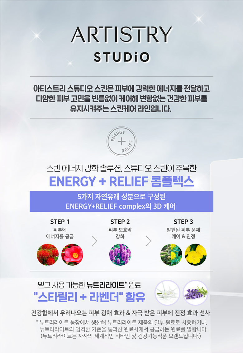 02. 아티스트리 스튜디오 스킨은 피부에 강력한 에너지를 전달하고 다양한 피부 고민을 빈틈없이 케어해 변함없는 건강한 피부를 유지시켜주는 스킨케어 라인입니다. 스킨 에너지 강화 솔루션, 스튜디오 스킨이 주목한 ENERGY + RELIEF 콤플렉스 5가지 자연유래 성분으로 구성된 ENERGY + RELIEF complex의 3D 케어. STEP1 피부에 에너지를 공급 > STEP2 피부 보호막 강화 > STEP3 발현된 피부 문제 케어 진정. 믿고 사용 가능한 뉴트리라이트 원료 스타릴리+라벤더 함유. 건강함에서 우러나오는 피부 광채 효과와 자극 받은 피부에 진정 효과 선사”></div>
<div class=