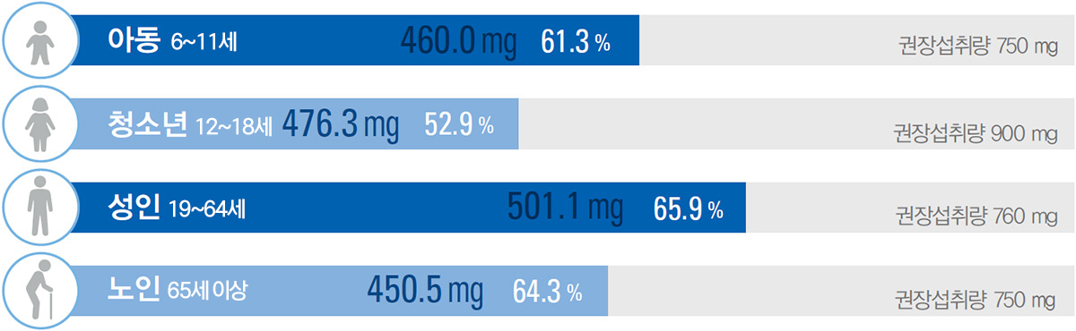 권장 섭취량 750 mg 중 아동 6~11세 450.0mg 인 61.3%섭취, 권장 섭취량 950 mg 중 청소년 12~18세 476.3mg 인 52.9%섭취, 권장 섭취량 760 mg 중 성인 19~64세 501.1mg 인 65.9%섭취, 권장 섭취량 750 mg 중 노인 65세이상 450.5mg 인 64.3%섭취