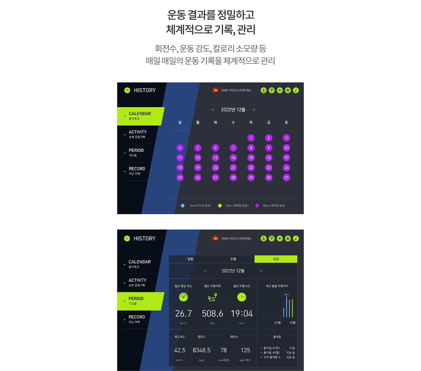 운동 결과를 정밀하고 체계적으로 기록, 관리 회전수, 운동강도, 칼로리 소모량 등 매일 매일의 운동 기록을 체계적으로 관리