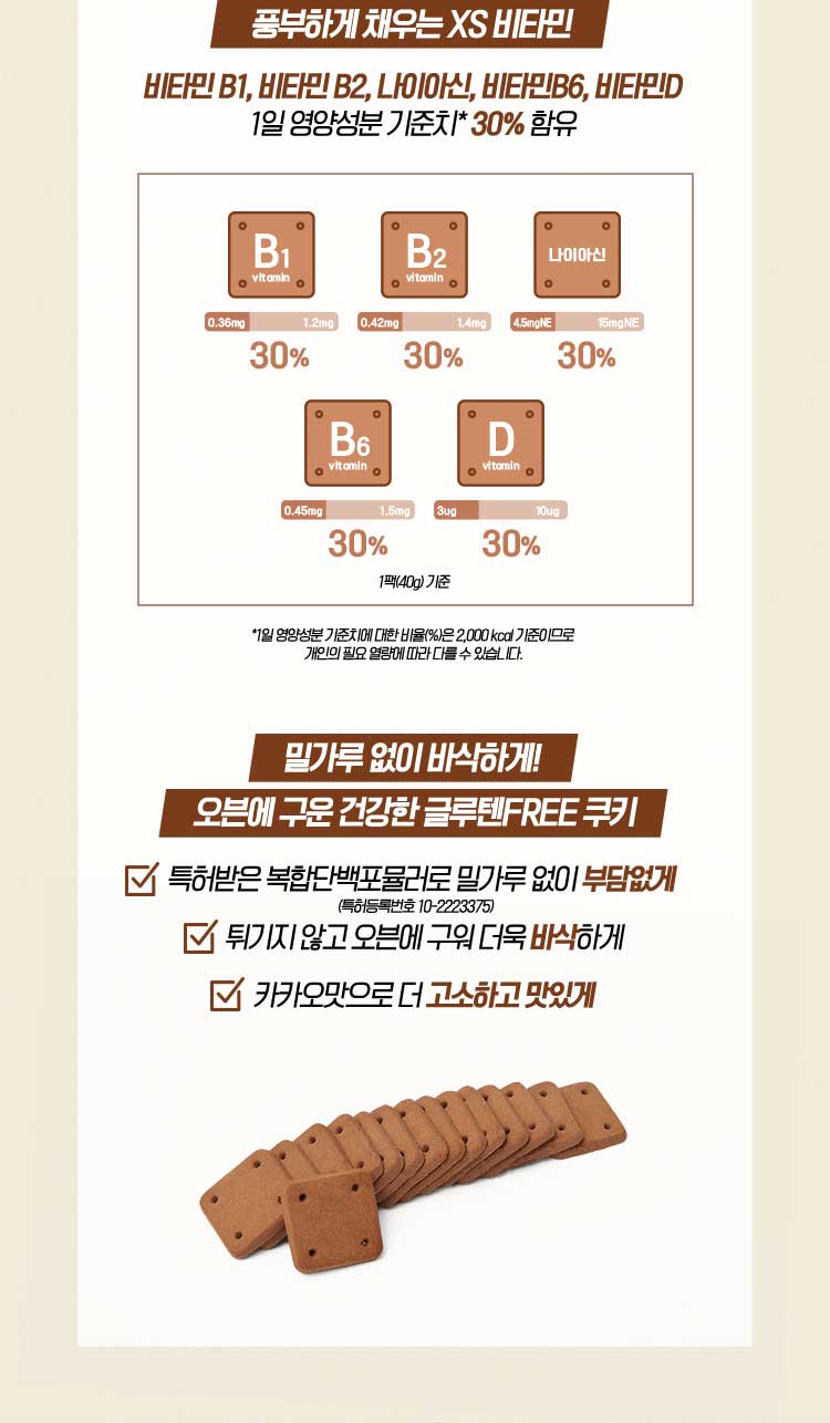 풍부하게 채우는 XS 비타민 비타민 B1, 비타민 B2, 나이아신, 비타민B6, 비타민D 1일 영양성분 기준치* 30% 함유 *1일 영양성분 기준치에 대한 비율(%)은 2,000 kcal 기준이므로 개인의 필요 열량에 따라 다를 수 있습니다. 밀가루 없이 바삭하게! 오븐에 구운 건강한 글루텐FREE 쿠키 특허받은 복합단백포뮬러로 밀가루 없이 부담없게 튀기지 않고 오븐에 구워 더욱 바삭하게 카카오맛으로 더 고소하고 맛있게