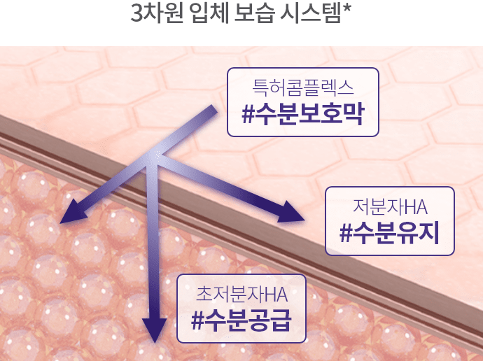 3차원 입체 보습 시스템 / 특허콤플렉스 #수분보호막 / 저자분 HA #수분유지 / 초저분자HA #수분공급