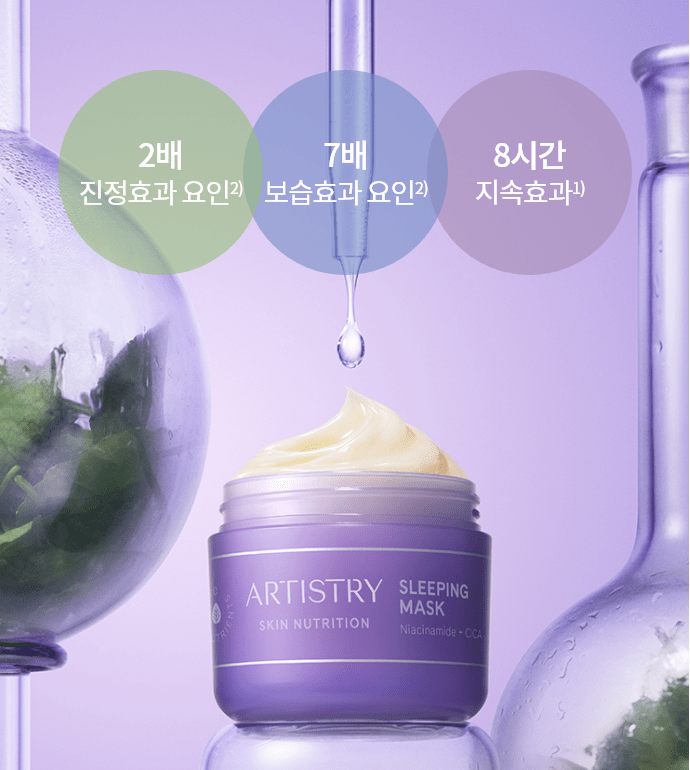 2배 진정효과 요인2) / 7배 보습효과 요인2)/ 8시간 지속효과1)