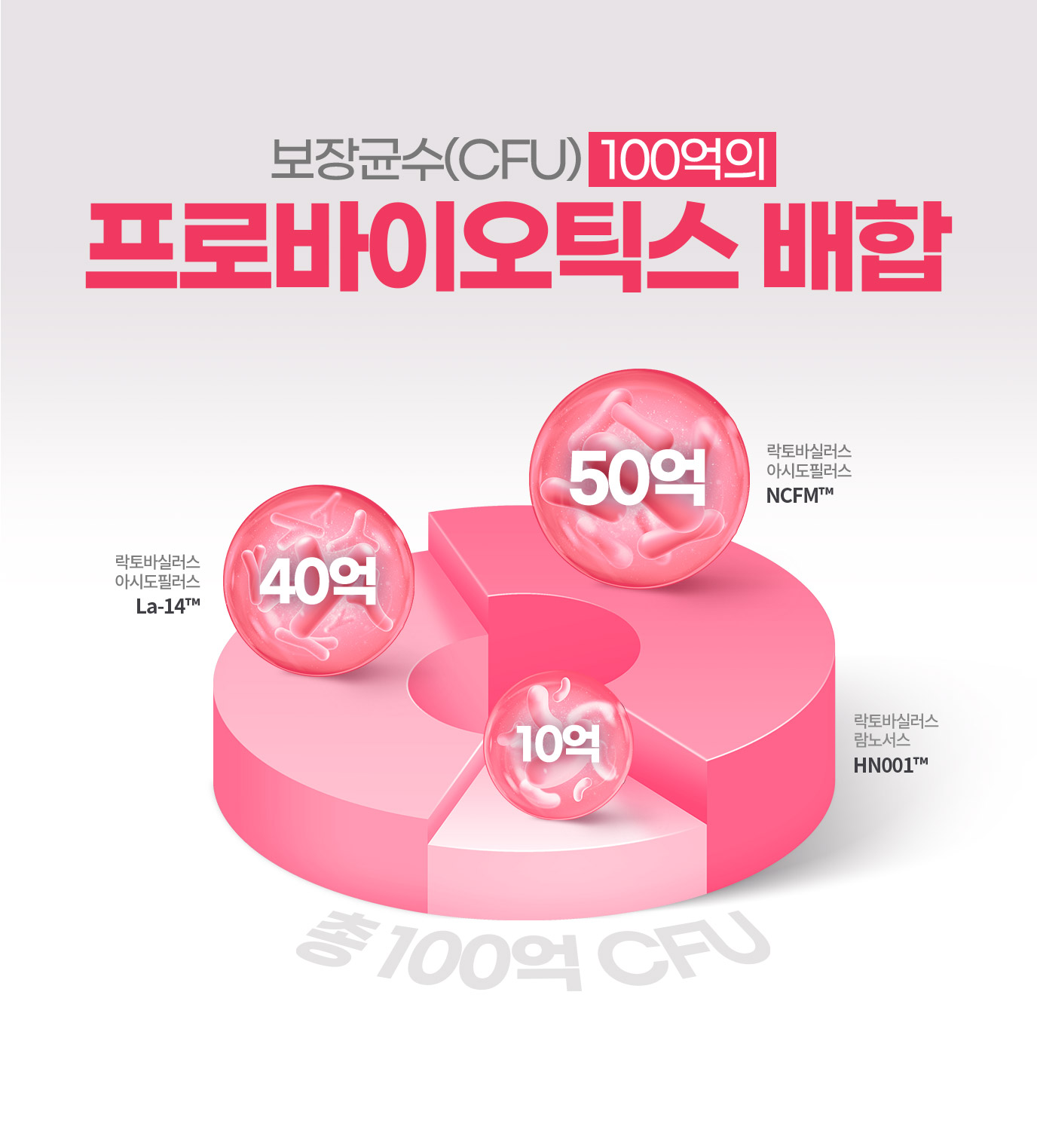 보장균수(CFU) 100억의 프로바이오틱스 배합 락토바실러스 아시도필러스 40억 / 락토바실러스 아시도필러스 50억 / 락토바실러스 아시도필러스 총 100억 CFU