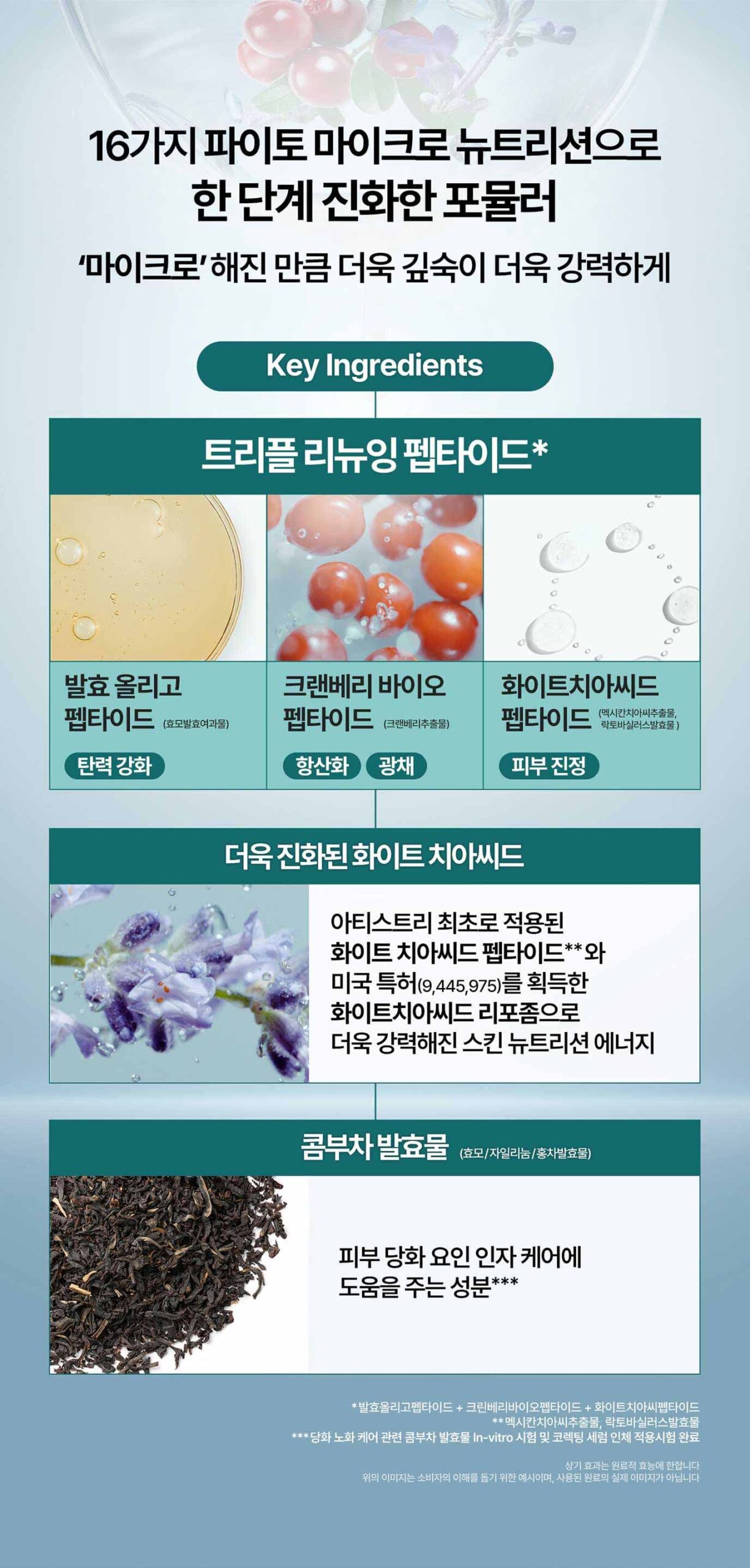 16가지 파이토 마이크로 뉴트리션으로 한 단계 진화한 포뮬러 '마이크로' 해진 만큼 더욱 깊숙이 더욱 강력하게 / 트리플 리뉴잉 펩타이드* / 더욱 진화된 화이트 치아씨드 / 콤부차 발효물
