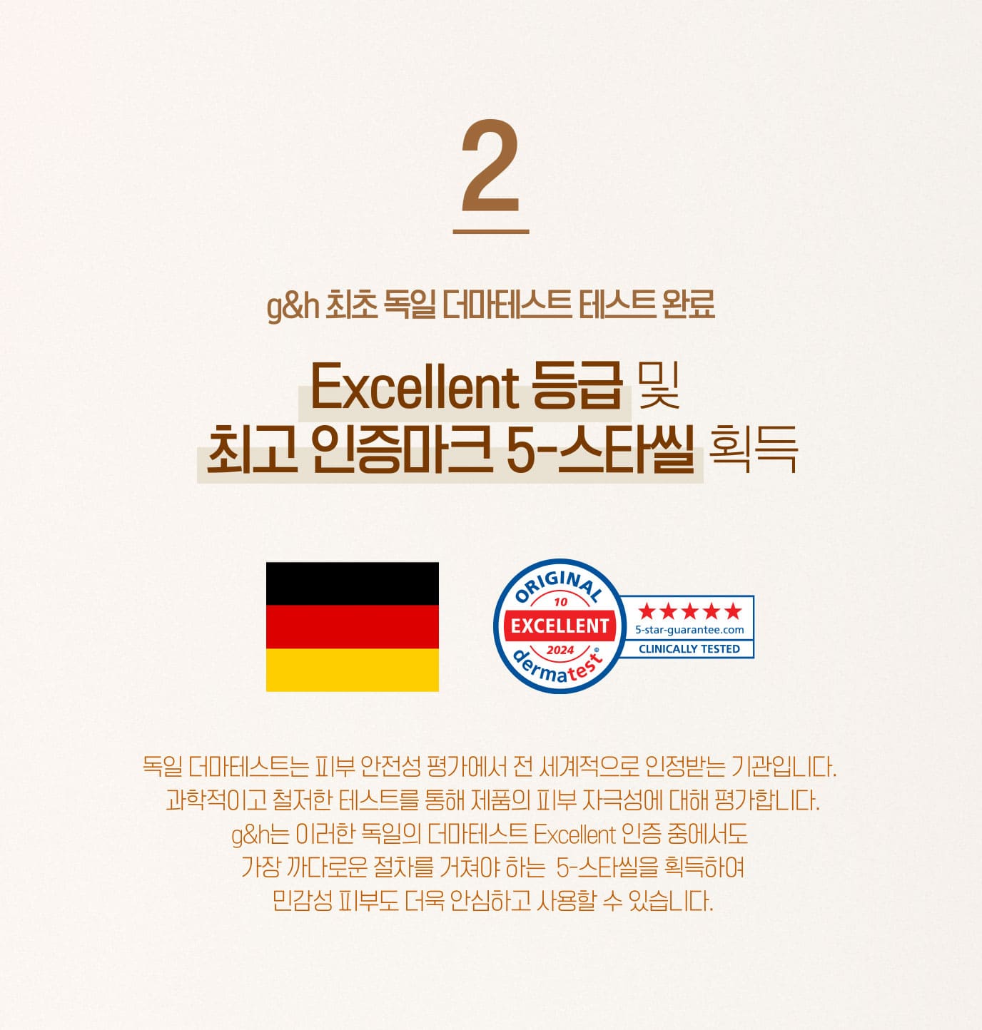 2. g&h 최초 독일 더마테스트 테스트 완료 Excellent 등급 및 최고 인증마크 5-스타씰 획득 독일 더마테스트는 피부 안전성 평가에서 전 세계적으로 인정받는 기관입니다. 과학적이고 철저한 테스트를 통해 제품
