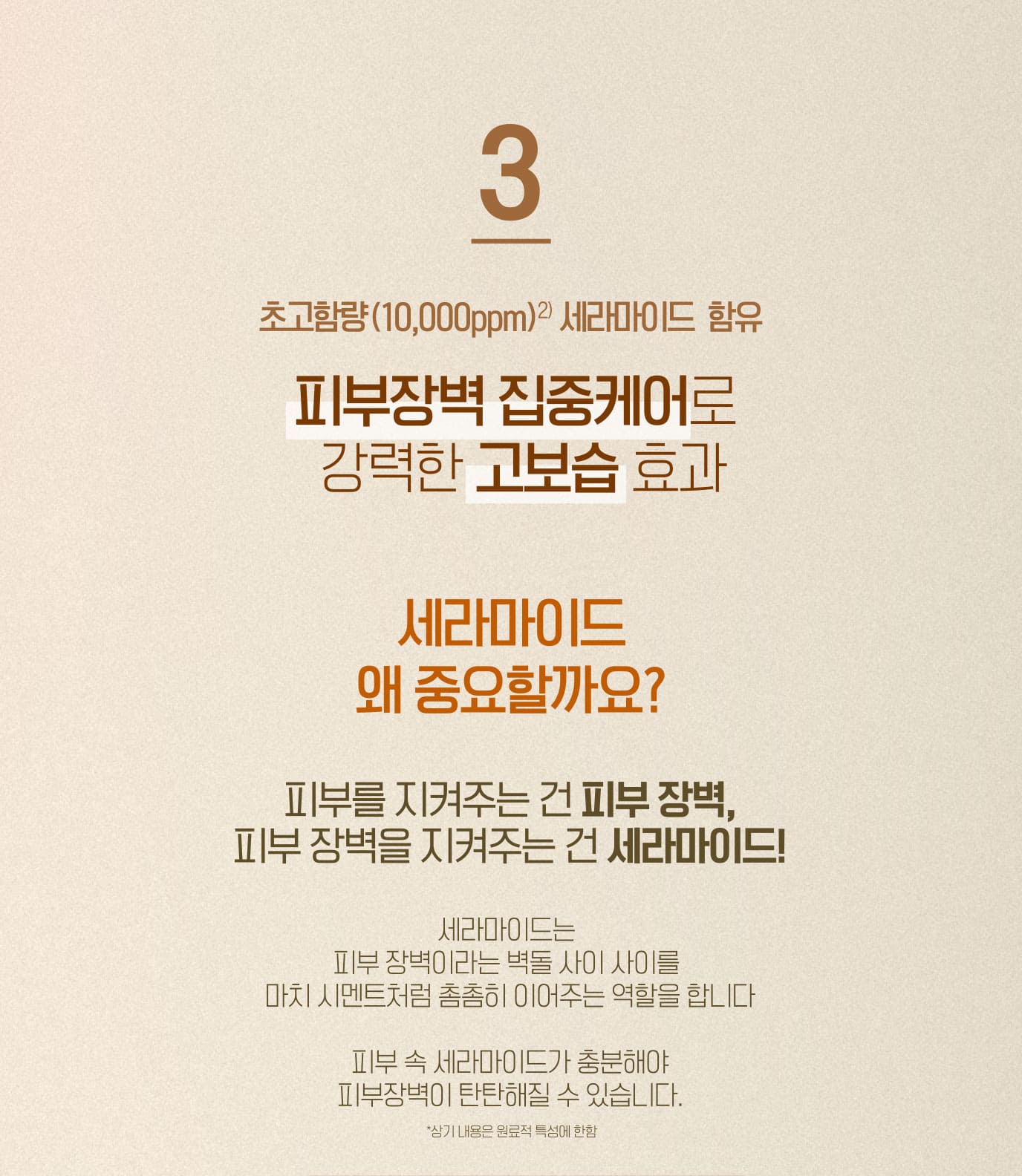 3. 초고함량(10,000ppm)2) 세라마이드 함유 피부장벽 집중케어로 강력한 고보습 효과 세라마이드 왜 중요할까요? 피부를 지켜주는 건 피부 장벽, 피부 장벽을 지켜주는 건 세라마이드! 세라마이드는 피부 장벽이라는 벽돌 사이 사이를 마치 시멘트처럼 촘촘히 이어주는 역할을 합니다 피부 속 세라마가 충분해야 피부장벽이 탄탄해질 수 있습니다. 인체적용시험으로 입증된 속보습 개선 효과 단 1회 사용만으로도 속보습 36.792%개선3) 인체적용시험으로 입증된 보습 효과 인체적용시험으로 입증된 보습 효과 적용 2주 후 피부보습 77.904% 증가4)