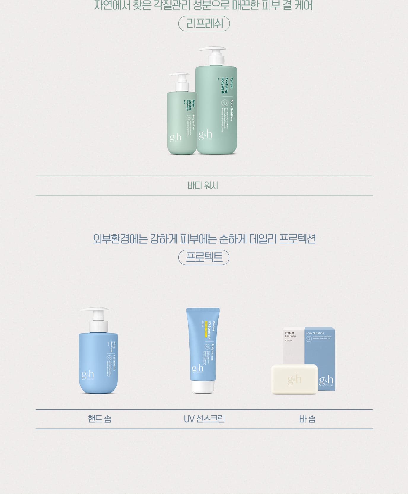 함께 사용하면 더욱 좋습니다 손끝, 발끝, 립까지 고보습 집중 케어- 너리쉬 / 자연에서 찾은 각질관리 성분으로 매끈한 피부 결 케어 - 리프레쉬 / 외부환경에는 강하게 피부에는 순하게 데일리 프로텍션 - 프로텍트