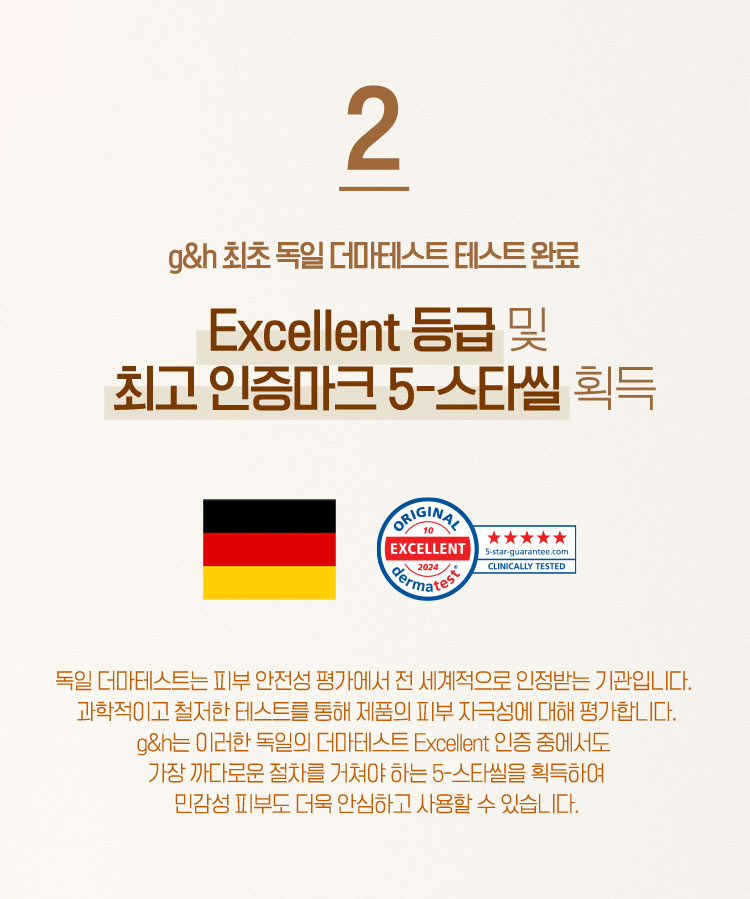 2. g&h 최초 독일 더마테스트 테스트 완료 Excellent 등급 및 최고 인증마크 5-스타씰 획득 독일 더마테스트는 피부 안전성 평가에서 전 세계적으로 인정받는 기관입니다. 과학적이고 철저한 테스트를 통해 제품