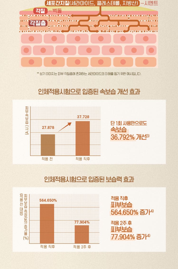 3. 초고함량(10,000ppm)2) 세라마이드 함유 피부장벽 집중케어로 강력한 고보습 효과 세라마이드 왜 중요할까요? 피부를 지켜주는 건 피부 장벽, 피부 장벽을 지켜주는 건 세라마이드! 세라마이드는 피부 장벽이라는 벽돌 사이 사이를 마치 시멘트처럼 촘촘히 이어주는 역할을 합니다 피부 속 세라마가 충분해야 피부장벽이 탄탄해질 수 있습니다. 인체적용시험으로 입증된 속보습 개선 효과 단 1회 사용만으로도 속보습 36.792%개선3) 인체적용시험으로 입증된 보습 효과 인체적용시험으로 입증된 보습 효과 적용 2주 후 피부보습 77.904% 증가4)