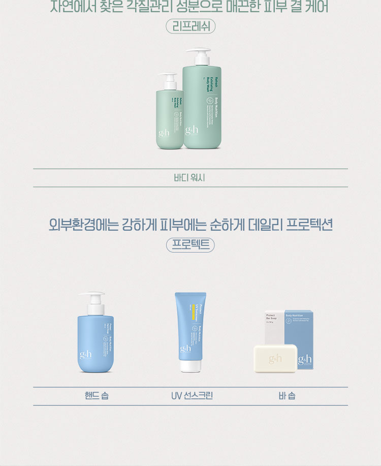 함께 사용하면 더욱 좋습니다 손끝, 발끝, 립까지 고보습 집중 케어- 너리쉬 / 자연에서 찾은 각질관리 성분으로 매끈한 피부 결 케어 - 리프레쉬 / 외부환경에는 강하게 피부에는 순하게 데일리 프로텍션 - 프로텍트