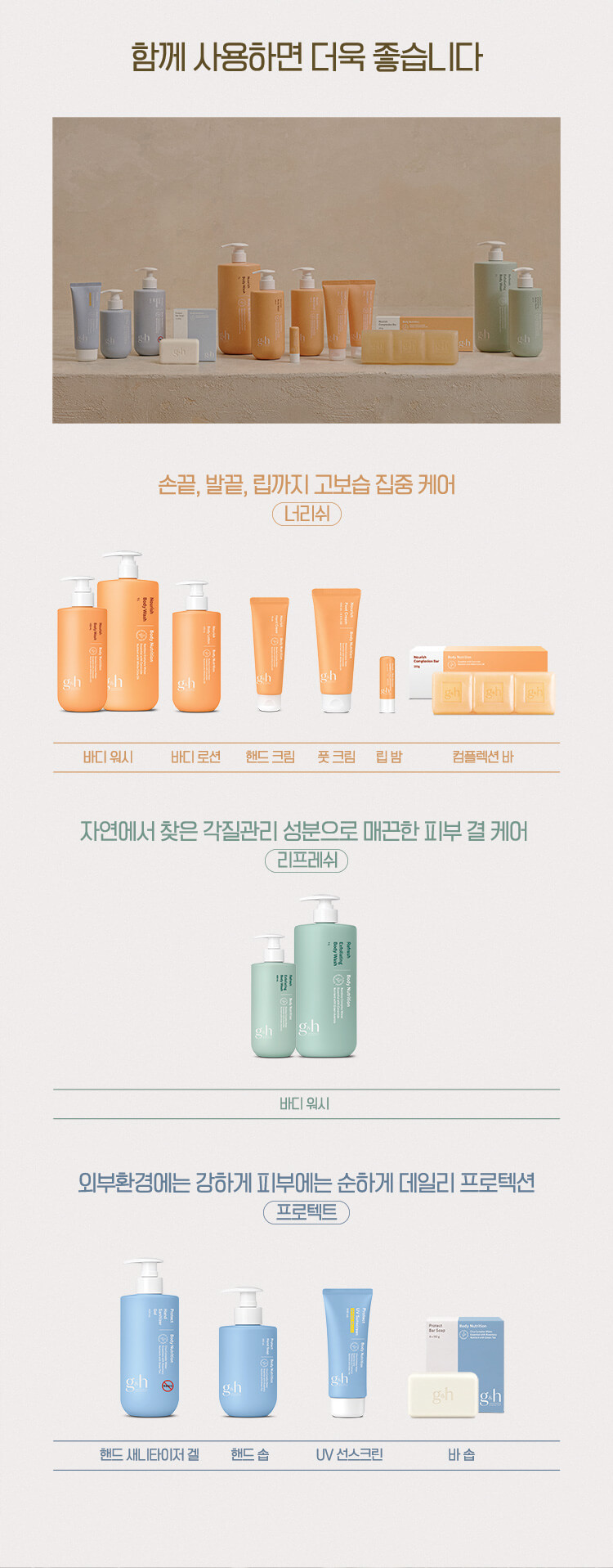 함께 사용하면 더욱 좋습니다 손끝, 발끝, 립까지 고보습 집중 케어 너리쉬 - 바디 워시, 바디 로션, 핸드 크림, 풋 크림, 립 밤, 컴플렉션 바 자연에서 찾은 각질관리 성분으로 매끈한 피부 결 케어 리프레쉬 - 바디 워시 외부환경에는 강하게 피부에는 순하게 데일리 프로텍션 프로텍트 - 핸드 새니타이저 겔, 핸드 솝, UV 선스크린, 바 솝