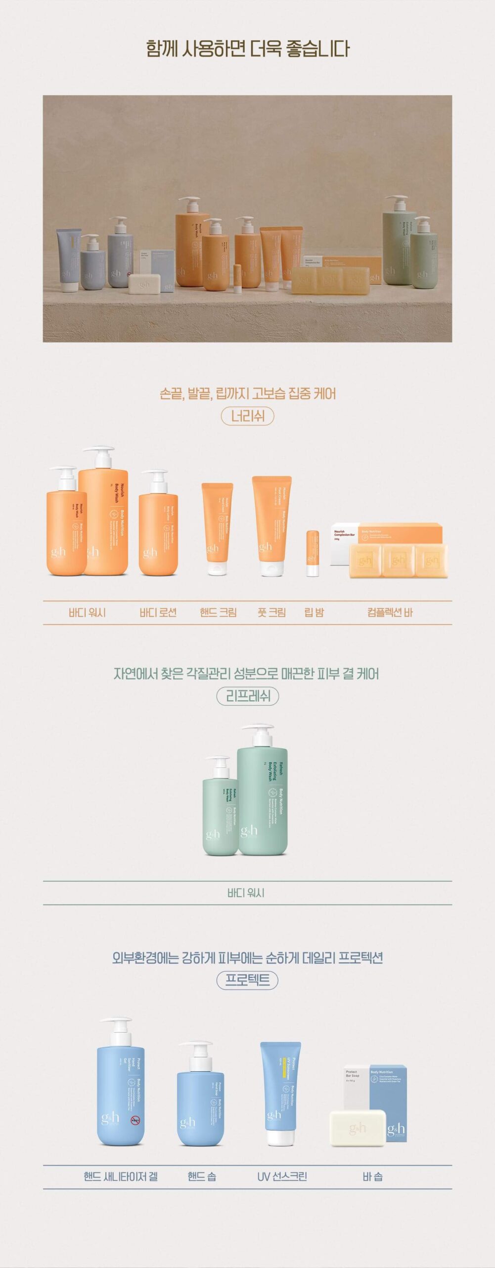함께 사용하면 더욱 좋습니다 손끝, 발끝, 립까지 고보습 집중 케어 너리쉬 - 바디 워시, 바디 로션, 핸드 크림, 풋 크림, 립 밤, 컴플렉션 바 자연에서 찾은 각질관리 성분으로 매끈한 피부 결 케어 리프레쉬 - 바디 워시 외부환경에는 강하게 피부에는 순하게 데일리 프로텍션 프로텍트 - 핸드 새니타이저 겔, 핸드 솝, UV 선스크린, 바 솝