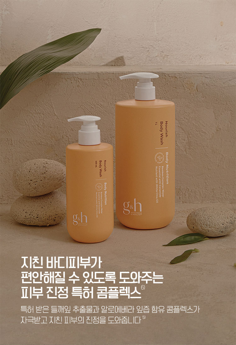 지친 바디피부가 편안해질 수 있도록 도와주는 피부 진정 특허 콤플렉스 - 특허 받은 들깨잎 추출물과 알로에베라 잎즙 함유 콤플렉스가 자극받고 지친 피부의 진정을 도와줍니다