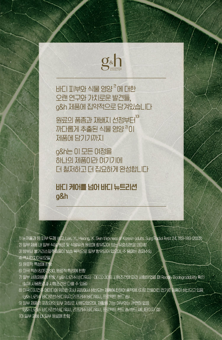 바디 피부와 식물 영양에 대한 오랜 연구와 가치로운 발견들, g&h 제품에 집약적으로 담겨있습니다 원료의 품종과 재배지 선정부터 까다롭게 추출된 식물 영양이 제품에 담기기까지 g&h는 이 모든 여정을 하나의 제품이라 여기기에 더 철저하고 더 집요하게 완성합니다 바디케어를 넘어 바디 뉴트리션 g&h