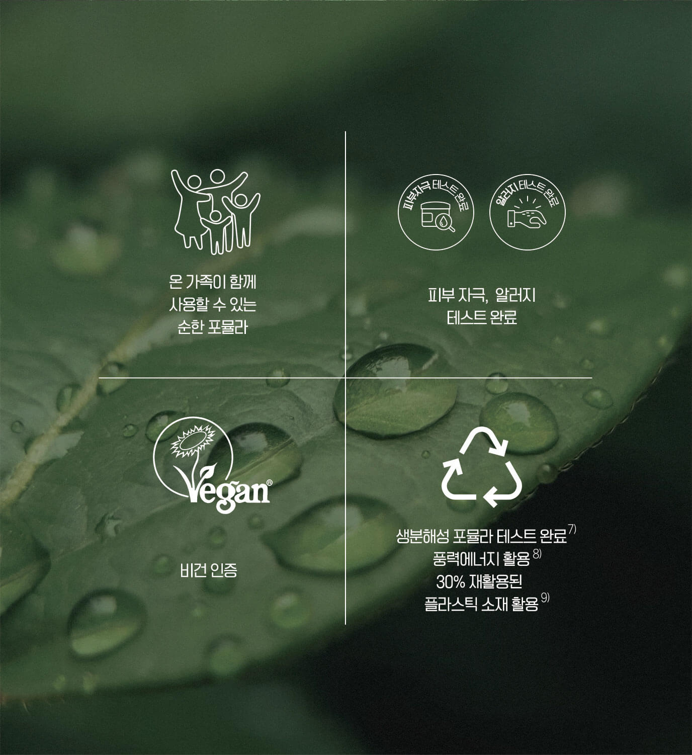 온 가족이 함께 사용할 수 있는 순한 포뮬라 / 피부자극, 알러지 테스트 완료 / 비건 인증 / 풍력에너지 활용 30% 재활용된 플라스틱 소재 활용