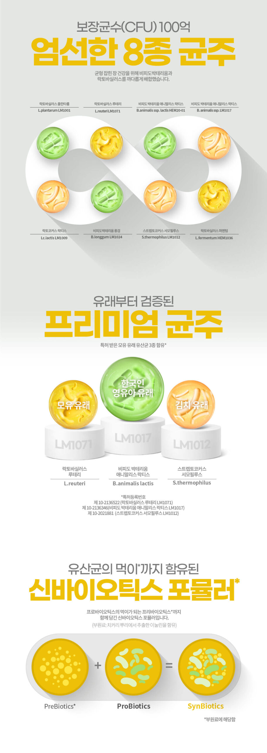 보장균수(CFU) 100억 엄선한 8종 균주 / 유래부터 검증된 프리미엄 균주 / 유산균의 먹이까지 함유된 신바이오틱스 포뮬러