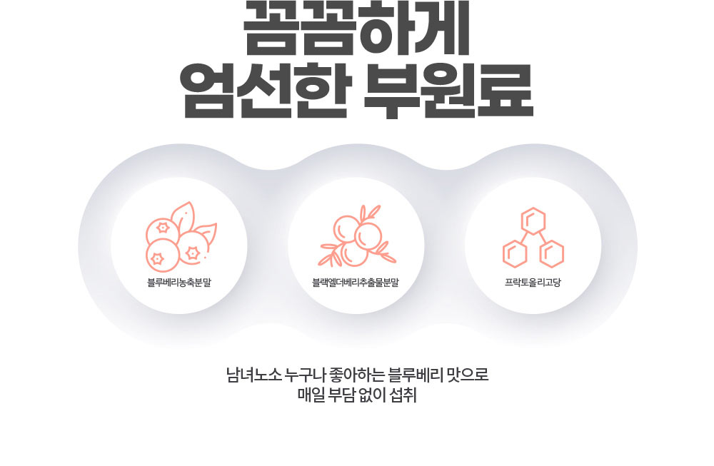 꼼꼼하게 엄선한 부원료. 남녀노소 누구나 좋아하는 블루베리 맛으로 매일 부담 없이 섭취