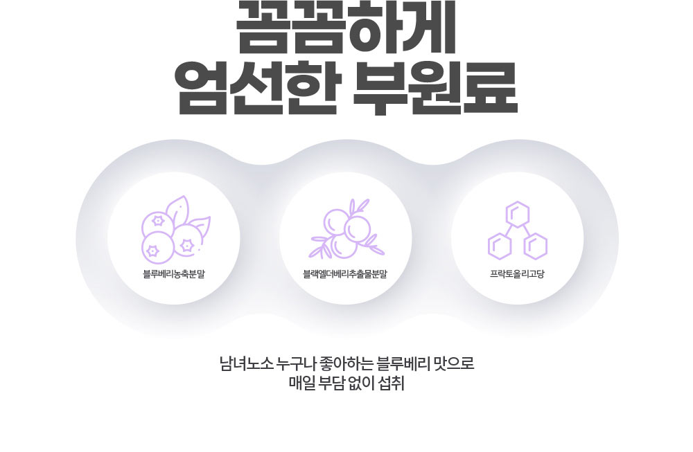 꼼꼼하게 엄선한 부원료. 남녀노소 누구나 좋아하는 블루베리 맛으로 매일 부담 없이 섭취