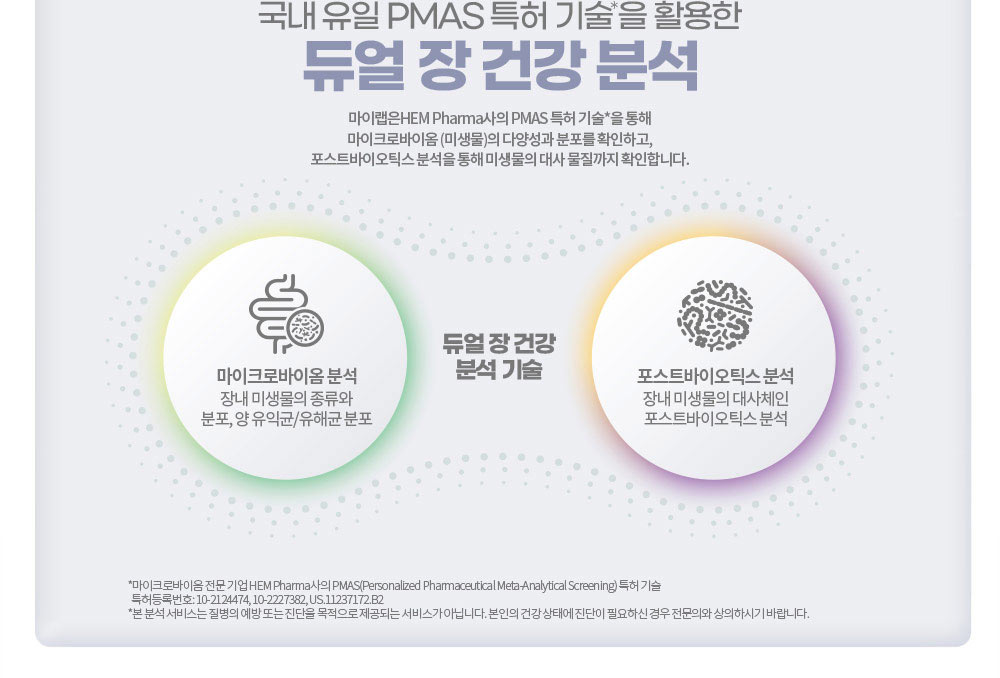 국내 유일 PMAS 특허 기술*을 활용한 듀얼 장 건강 분석. 
        마이랩은HEM Pharma사의 PMAS 특허 기술*을 통해 마이크로바이옴 (미생물)의 다양성과 분포를 확인하고, 포스트바이오틱스 분석을 통해 미생물의 대사 물질까지 확인합니다.