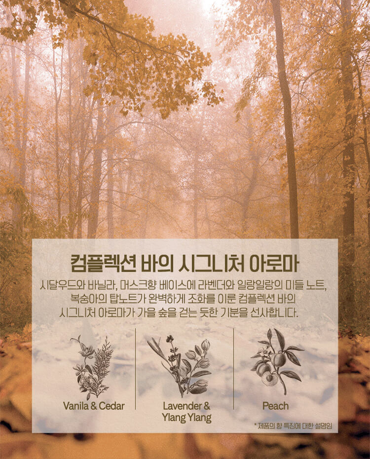 컴플렉션 바의 시그니처 아로마 시달우드와 바닐라, 머스크향 베이스에 라벤더와 일랑일랑의 미들 노트, 복숭아의 탑노트가 완벽하게 조화를 이룬 컴플렉션 바의 시그니처 아로마가 가을 숲을 걷는 듯한 기분을 선사합니다.