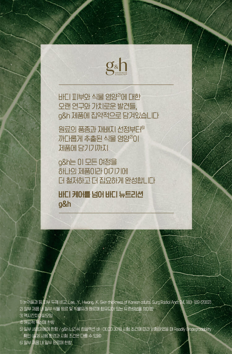 바디 피부와 식물 영양에 대한 오랜 연구와 가치로운 발견들, g&h 제품에 집약적으로 담겨있습니다 원료의 품종과 재배지 선정부터 까다롭게 추출된 식물 영양이 제품에 담기기까지 g&h는 이 모든 여정을 하나의 제품이라 여기기에 더 철처하고 더 집요하게 완성합니다 바디 케어를 넘어 바디 뉴트리션 g&h