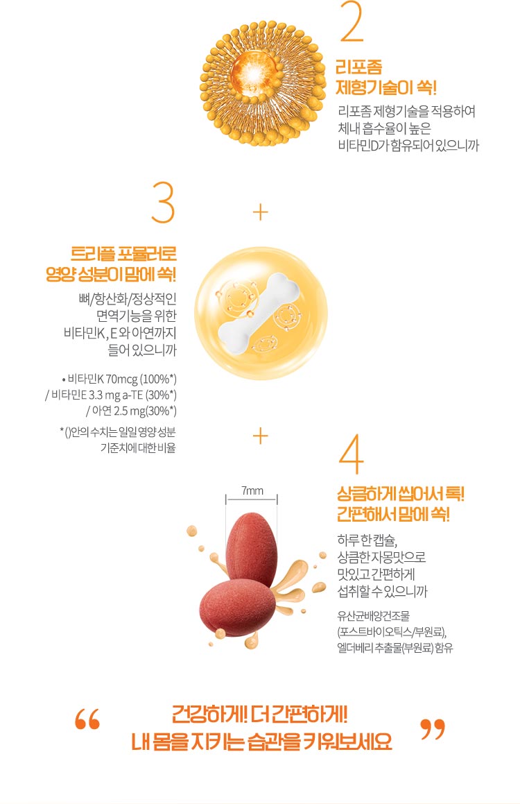 2.리포좀 제형기술이 쏙! 리포좀 제형기술을 적용하여 체내 흡수율이 높은 비타민D가 함유되어 있으니까 / + 3.트리플 포뮬러로 영양 성분이 맘에 쏙! 뼈/항산화/정상적인 면역기능을 위한 비타민K , E 와 아연까지 들어 있으니까• 비타민K 70mcg (100%*) / 비타민E 3.3 mg a-TE (30%*) / 아연 2.5 mg(30 %) / + 4. 상큼하게 씹어서 톡! 간편해서 맘에 쏙! 하루 한 캡슐, 상큼한 자몽맛으로 맛있고 간편하게 섭취할 수 있으니까 유산균배양건조물 (포스트바이오틱스/부원료), 엘더베리 추출물(부원료) 함유 / 건강하게! 더 간편하게! 내 몸을 지키는 습관을 키워보세요