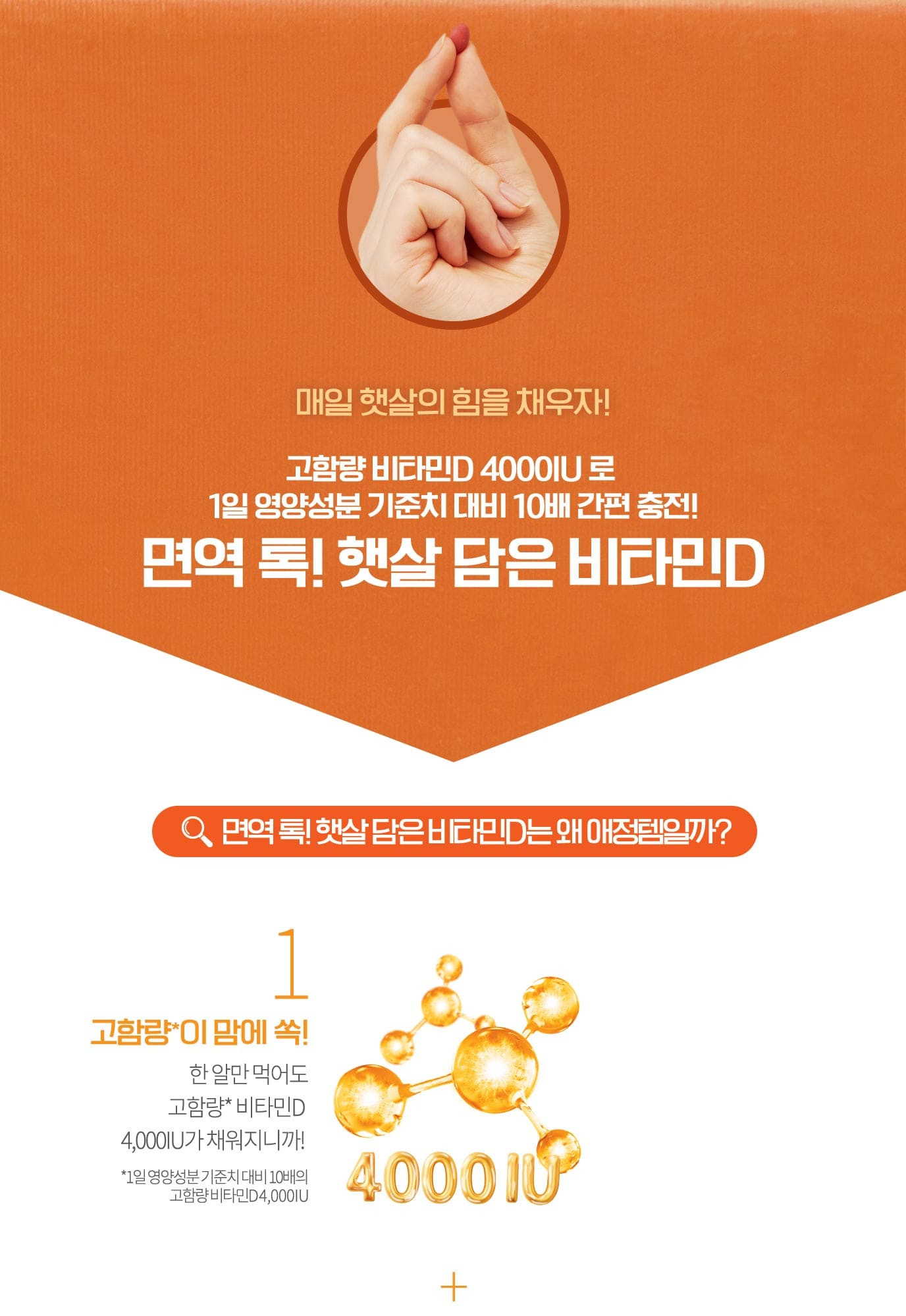 매일 햇살의 힘을 채우자! 고함량 비타민D 4000IU 로 1일 영양성분 기준치 대비 10배 간편 충전! 면역 톡! 햇살 담은 비타민D / 면역 톡! 햇살 담은 비타민D는 왜 애정템일까? / 1. 고함량*이 맘에 쏙! 한 알만 먹어도 고함량* 비타민D 4,000IU가 채워지니까! *1일 영양성분 기준치 대비 10배의 고함량 비타민D 4,000IU