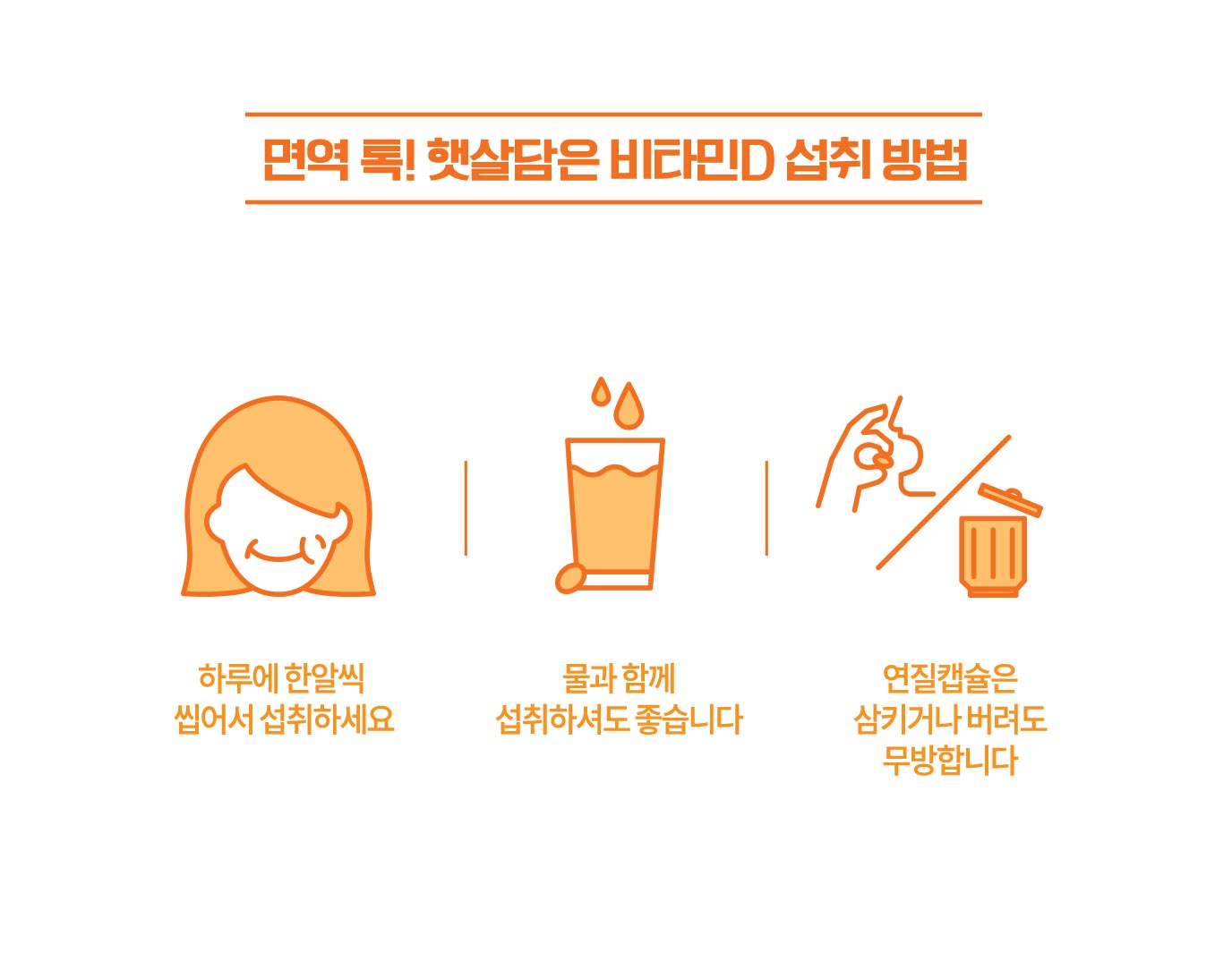 면역 톡! 햇살담은 비타민D 섭취 방법 / 하루에 한알씩 씹어서 섭취하세요 / 물과 함께 섭취하셔도 좋습니다 / 연질캡슐은 삼키거나 버려도 무방합니다