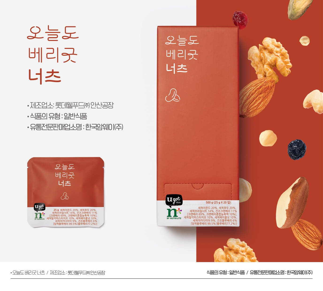 오늘도 베리굿 너츠 ·제조업소:롯데웰푸드(주) 안산공장 ·식품의 유형:일반식품 ·유통전문판매업소명:한국암웨이(주)