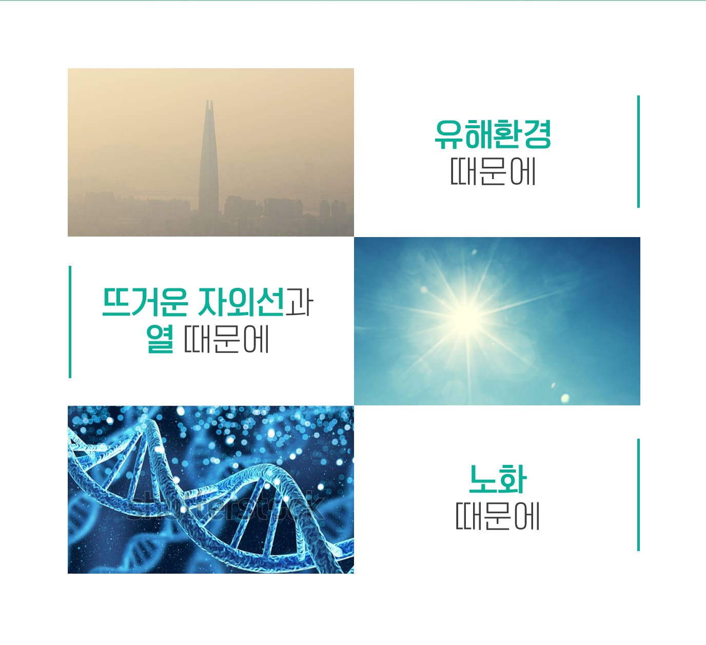 유해환경 때문에 | 뜨거운 자외선과 열 떄문에 | 노화 때문에