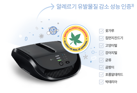 알레르기 유발물질 감소 성능 인증3) - 꽃가루, 집먼지진드기, 고양이털, 강아지털, 균류, 곰팡이, 포름알데히드, 박테리아